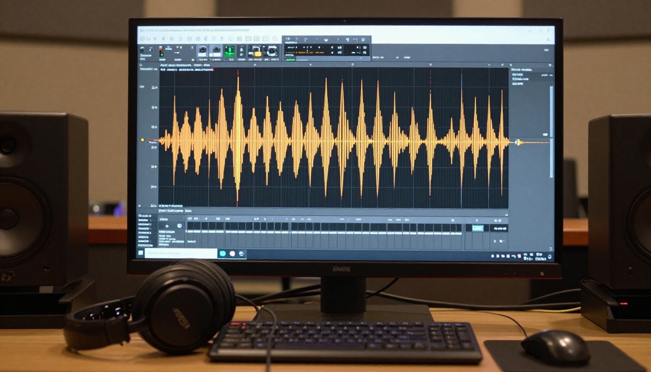 Professional audio waveform on a DAW monitor screen with headphones on keyboard Professional audio waveform on a DAW monitor screen with headphones on keyboard