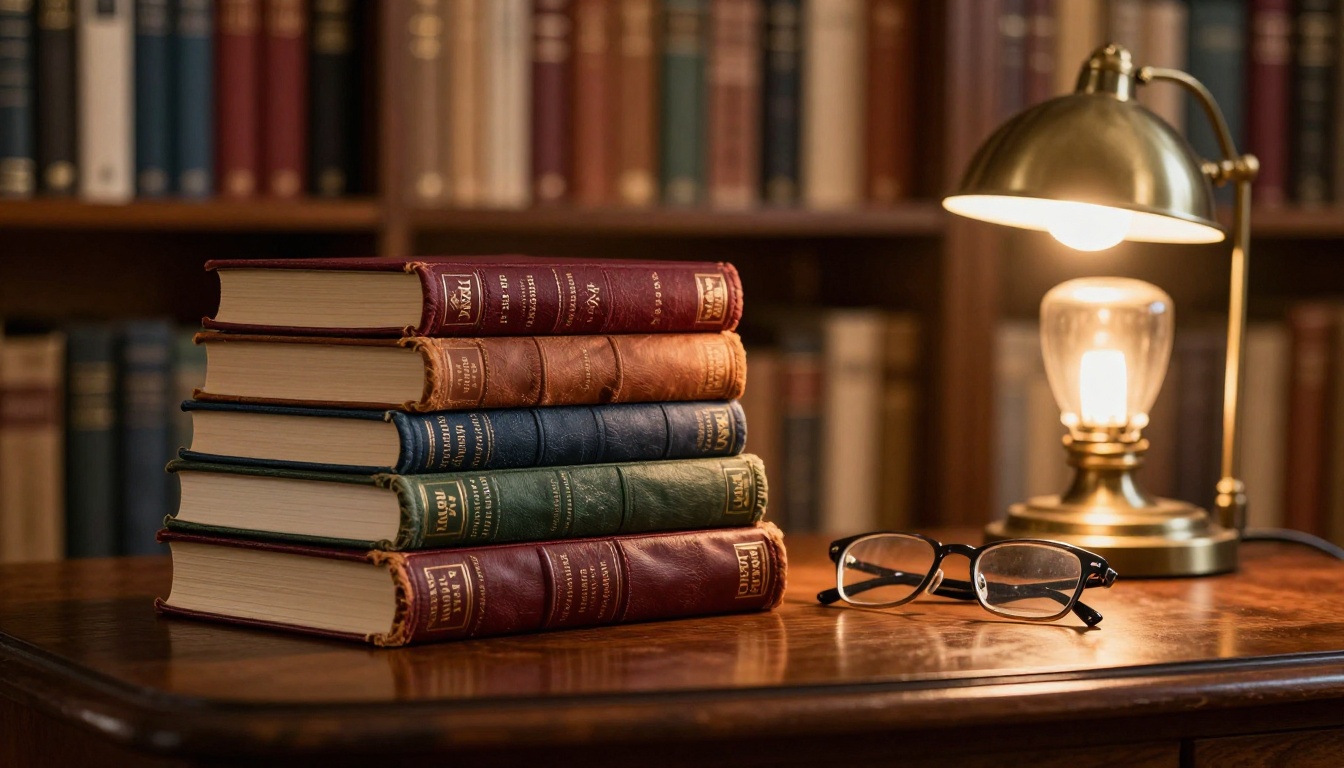 Stack of classic literary novels in earth tones on a walnut library table Stack of classic literary novels in earth tones on a walnut library table