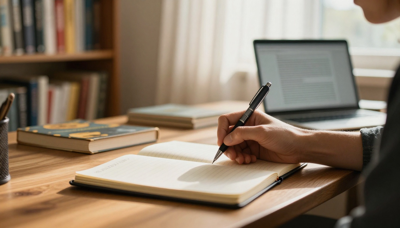 Author handwriting in a notebook at a wooden desk in a warm home office Author handwriting in a notebook at a wooden desk in a warm home office