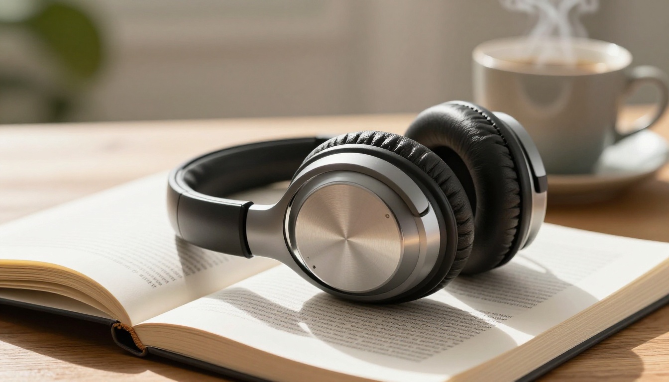 Premium studio headphones resting on an open hardcover book on a wooden desk in morning sunlight Premium studio headphones resting on an open hardcover book on a wooden desk in morning sunlight