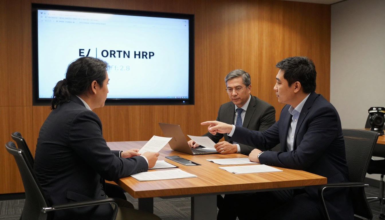 Two men reviewing printed scripts at a conference table with a corporate presentation paused on the screen behind them
