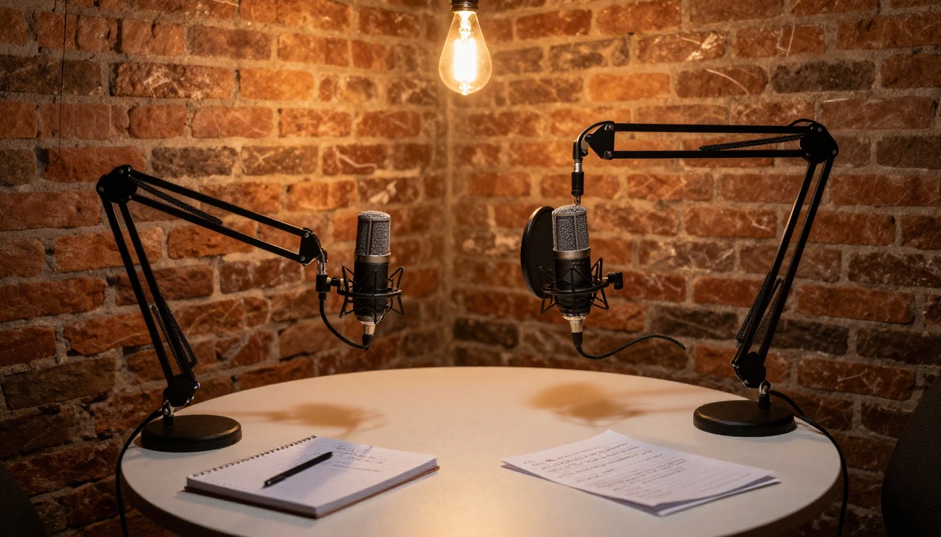 Two microphones on boom arms facing each other across a round table in a cozy podcast studio with exposed brick walls