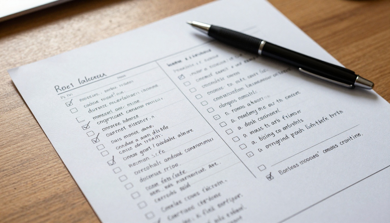 Overhead view of printed comparison notes with handwritten checkmarks on wooden desk Overhead view of printed comparison notes with handwritten checkmarks on wooden desk