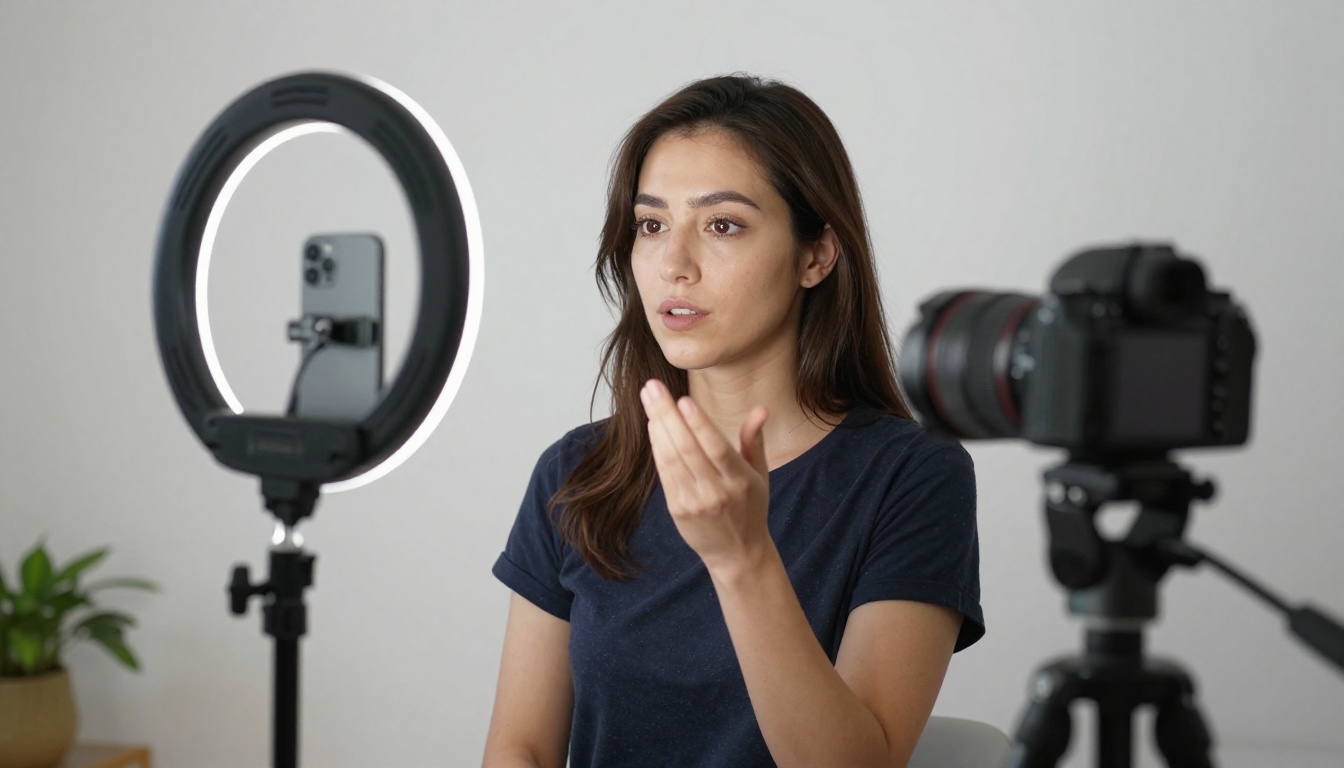 Woman filming short video on mirrorless camera with ring light in home studio Woman filming short video on mirrorless camera with ring light in home studio