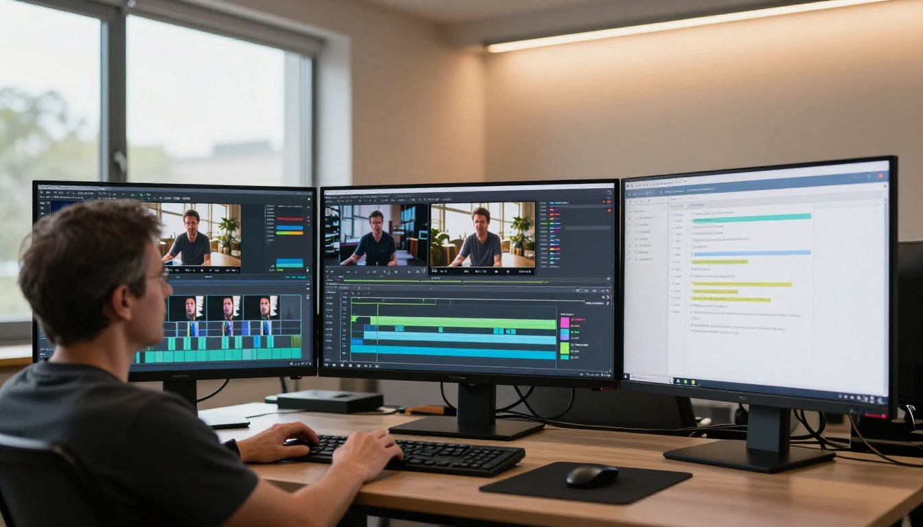 Professional video editor at multi-monitor workstation reviewing 30-second AI video clips Professional video editor at multi-monitor workstation reviewing 30-second AI video clips