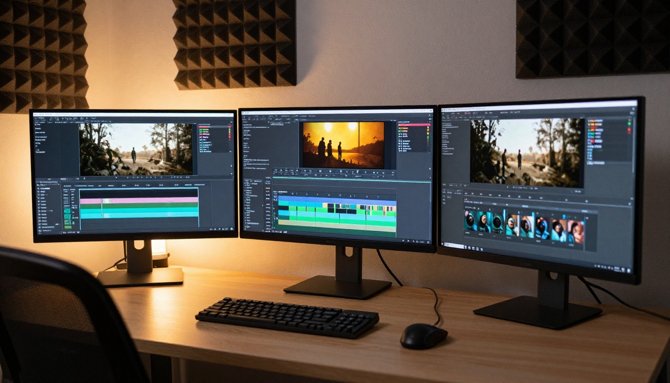 Professional video editing workstation with multiple monitors Professional video editing workstation with multiple monitors