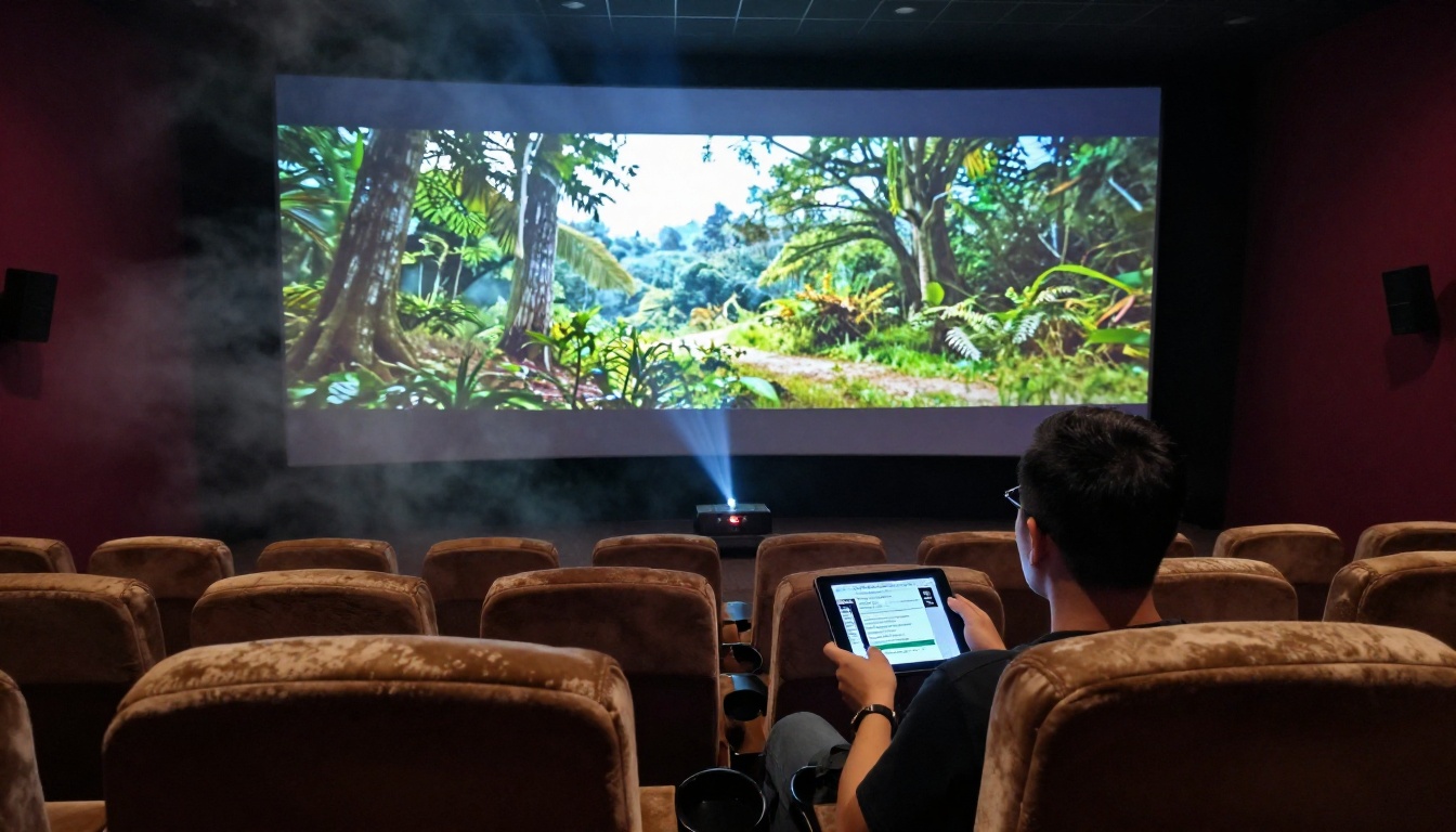 Film director reviewing high-quality video output in a cinema screening room Film director reviewing high-quality video output in a cinema screening room