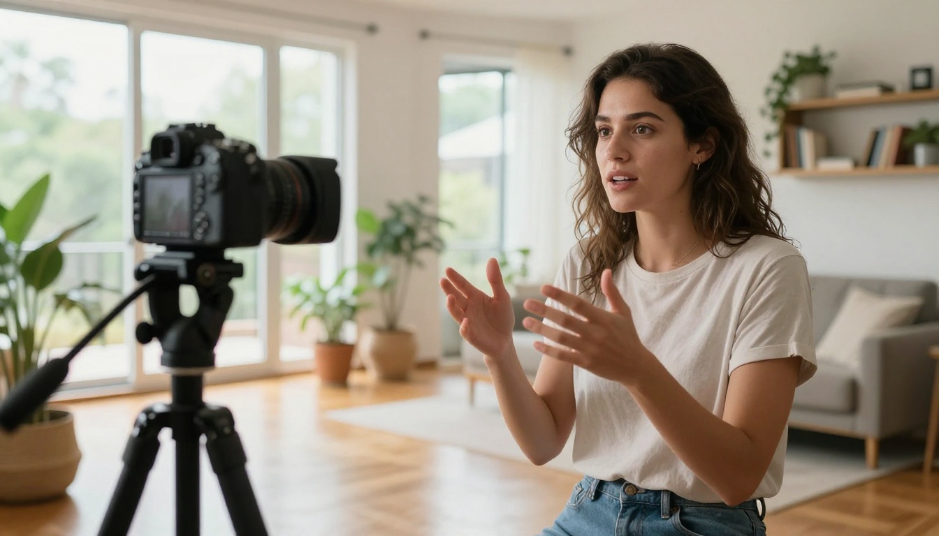 Content creator in casual attire recording herself with professional camera in bright airy apartment Content creator in casual attire recording herself with professional camera in bright airy apartment