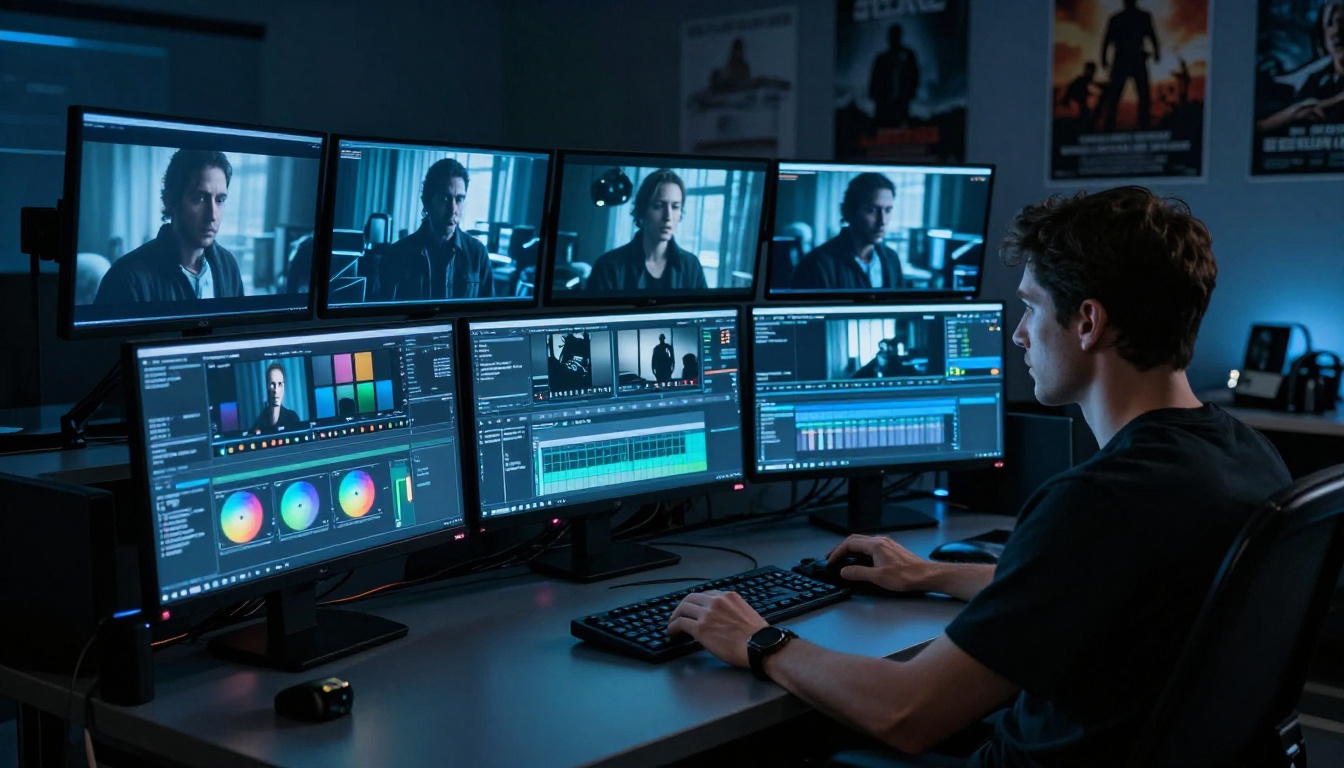 Professional video editor working in darkened color-grading suite with multiple monitors Professional video editor working in darkened color-grading suite with multiple monitors