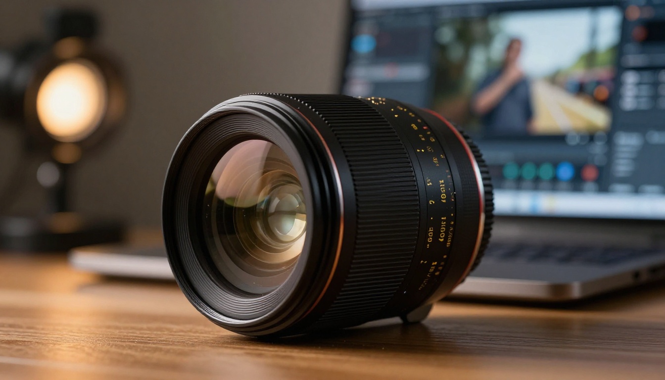 Professional camera lens on editing desk with AI generation interface visible