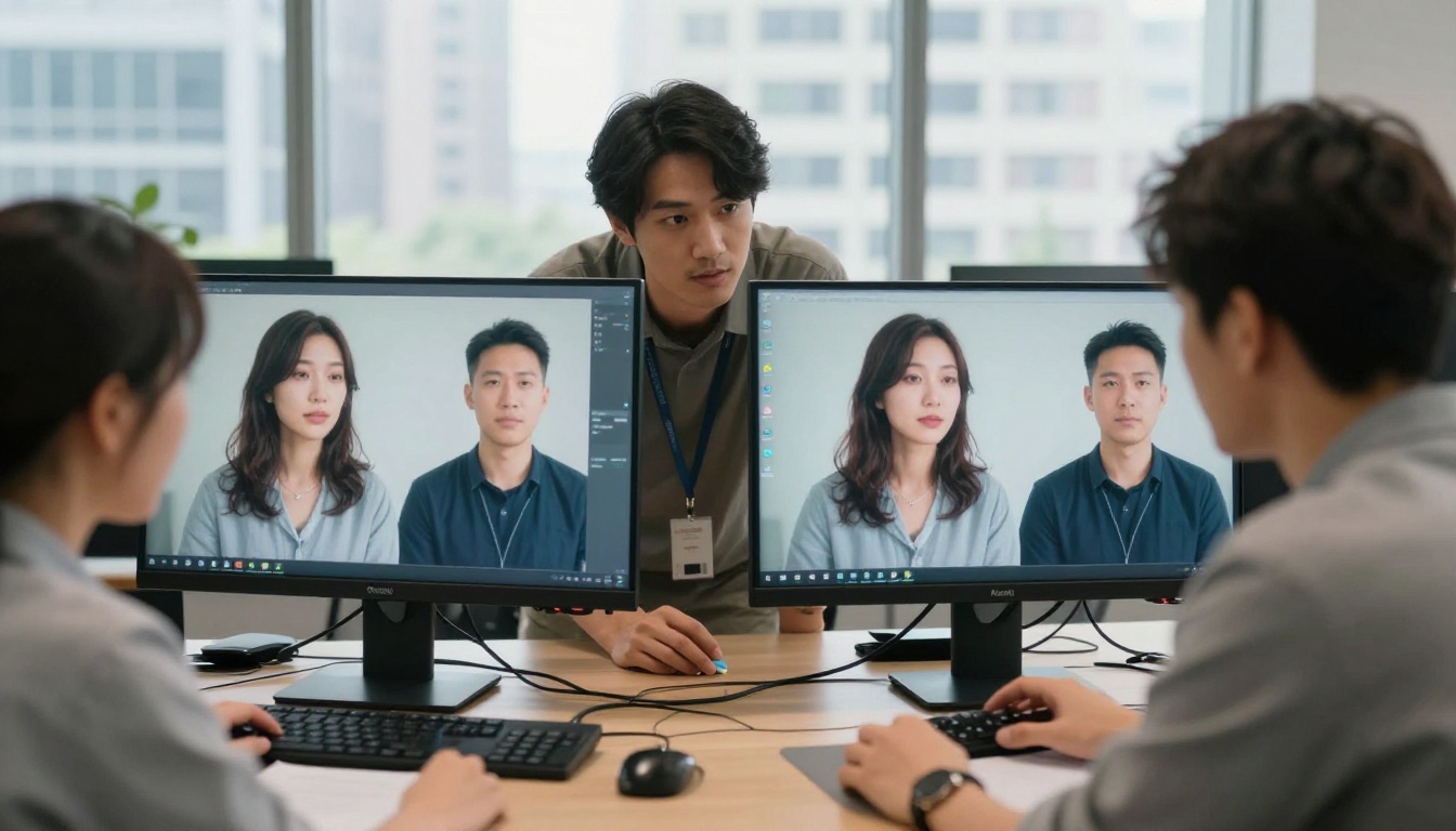 Two professionals reviewing side-by-side AI video comparison outputs collaboratively