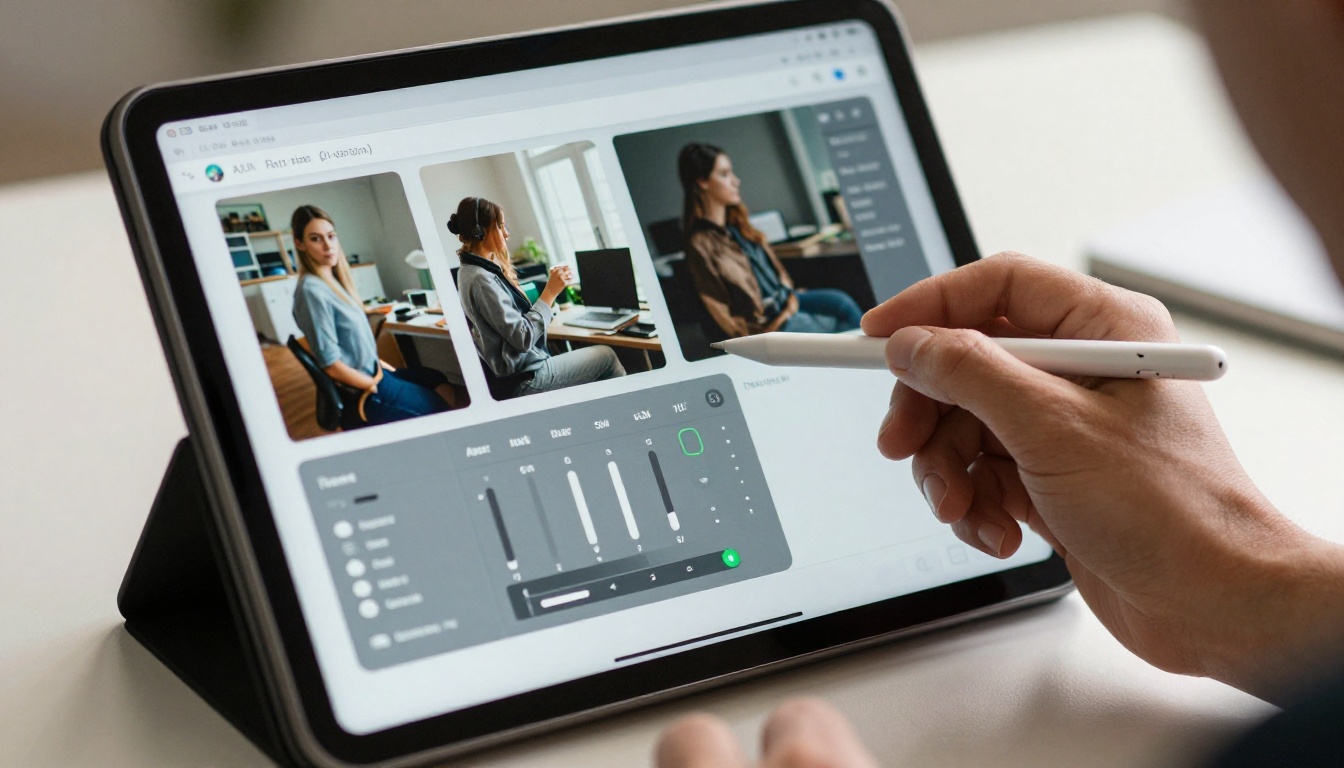 Creative professional using stylus on tablet with AI video parameter settings