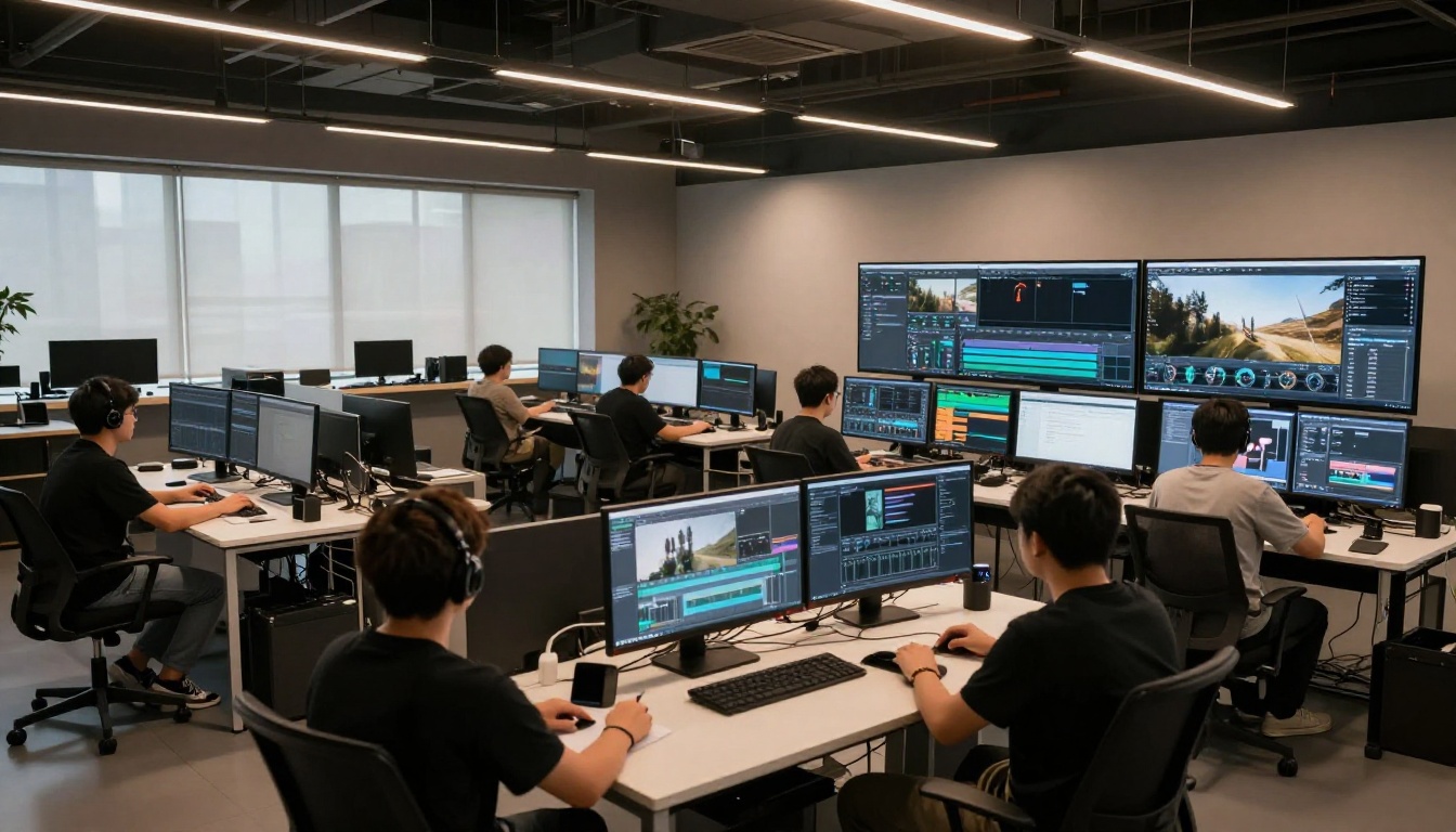 Wide establishing shot of a high-end video production studio with multiple workstations and team collaborating