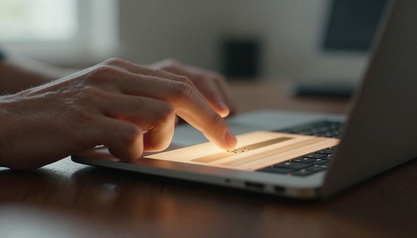 Filmmaker's hands on laptop trackpad with AI video generation progress bar glowing on screen Filmmaker's hands on laptop trackpad with AI video generation progress bar glowing on screen