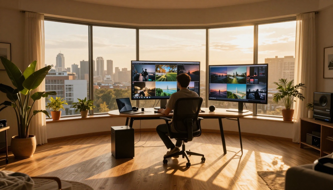 Modern home studio with filmmaker at desk reviewing footage during golden hour Modern home studio with filmmaker at desk reviewing footage during golden hour