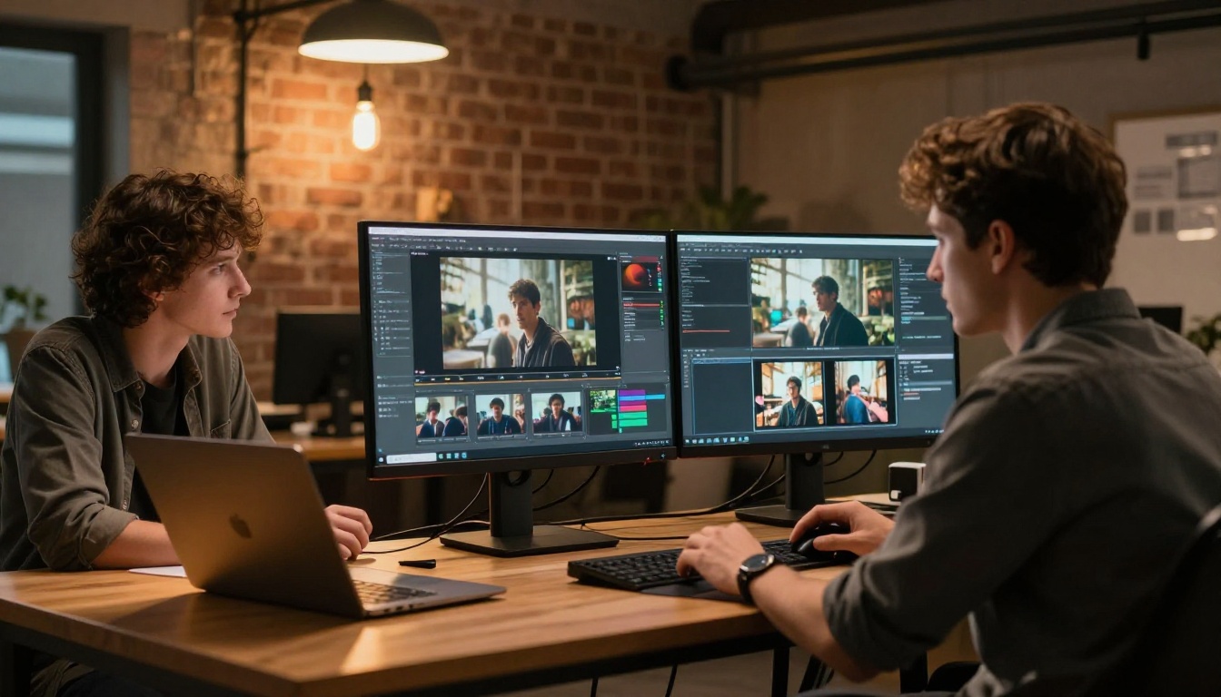 Two filmmakers at separate workstations in collaborative studio reviewing AI-generated video Two filmmakers at separate workstations in collaborative studio reviewing AI-generated video