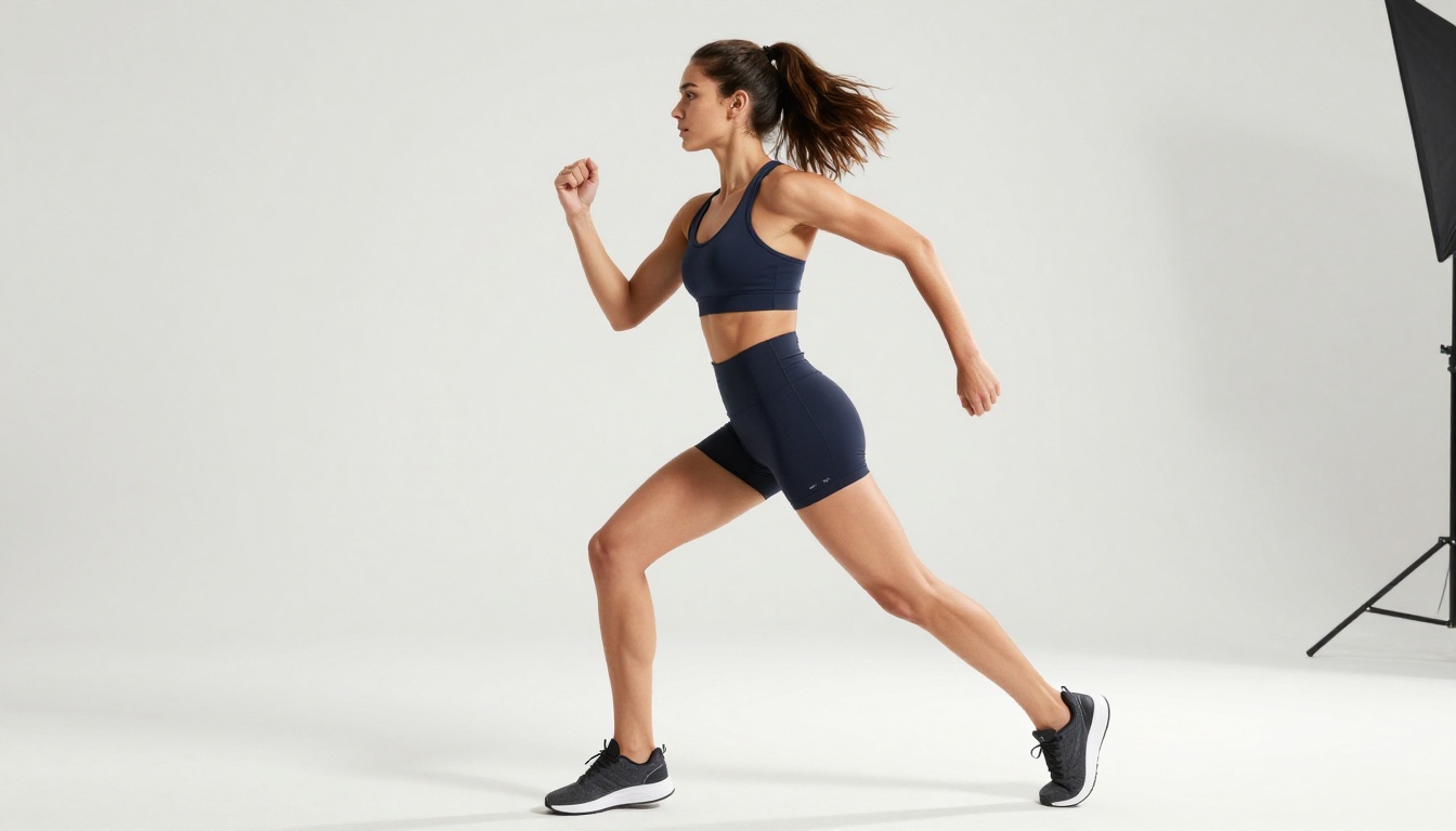 Athletic woman mid-movement in studio representing natural motion dynamics that translate well into Kling 3.5 video output
