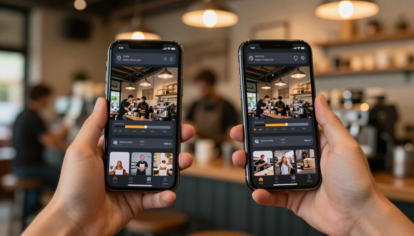 Two smartphones comparing AI video generation apps in coffee shop Two smartphones comparing AI video generation apps in coffee shop