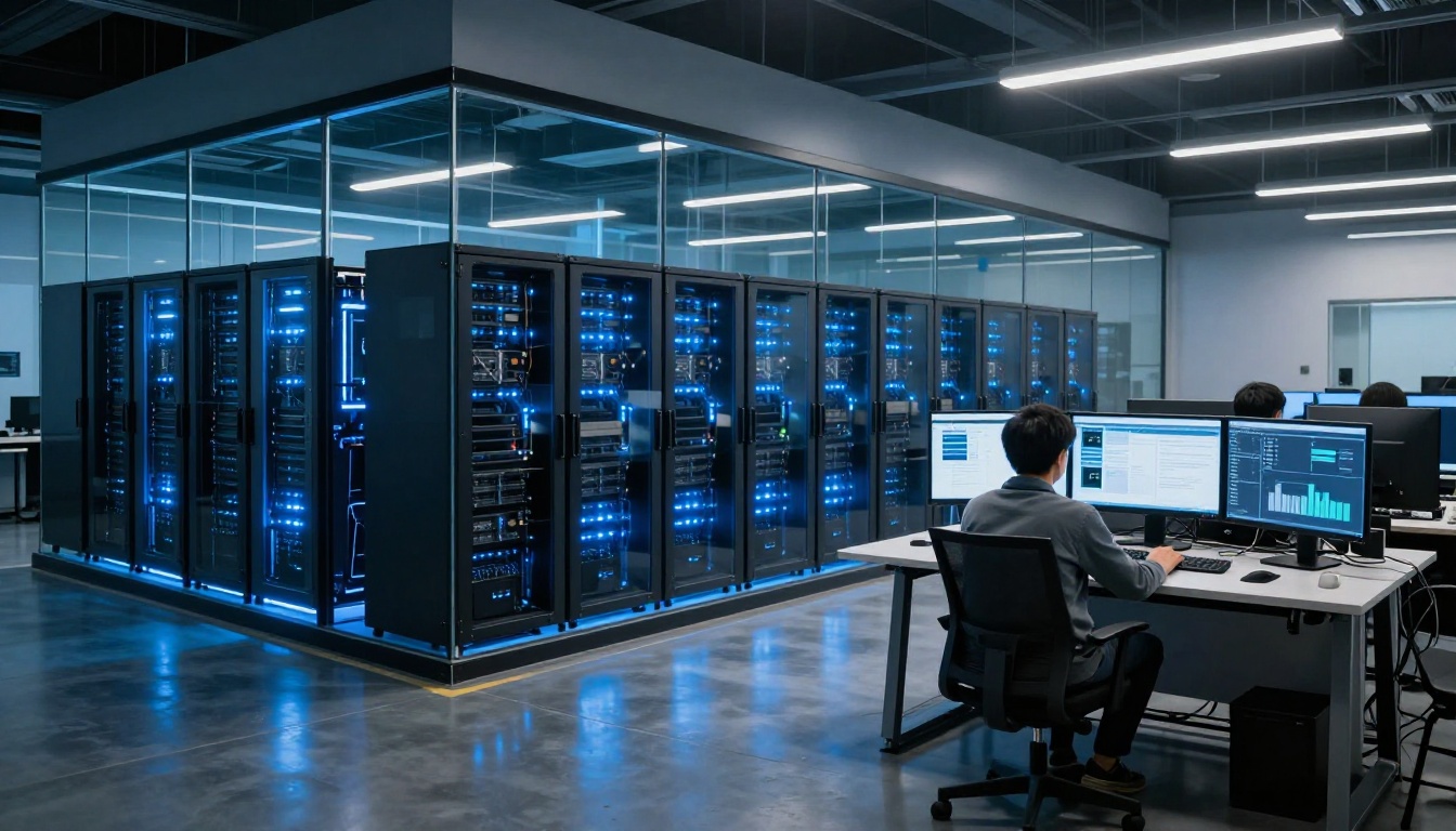 AI research lab with GPU servers and researcher studying video benchmarks AI research lab with GPU servers and researcher studying video benchmarks