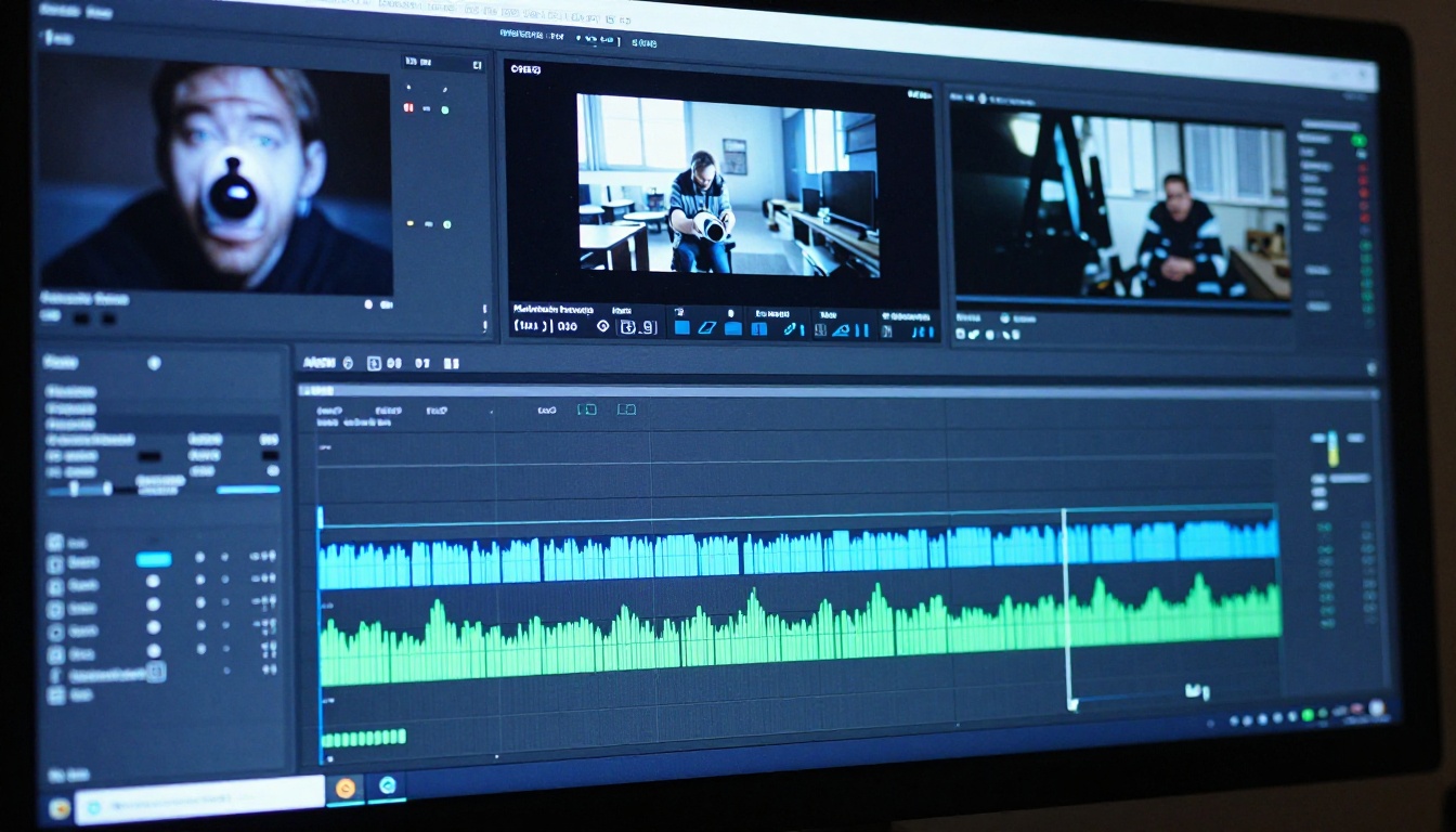Professional video editing timeline showing AI-generated clips being assembled Professional video editing timeline showing AI-generated clips being assembled