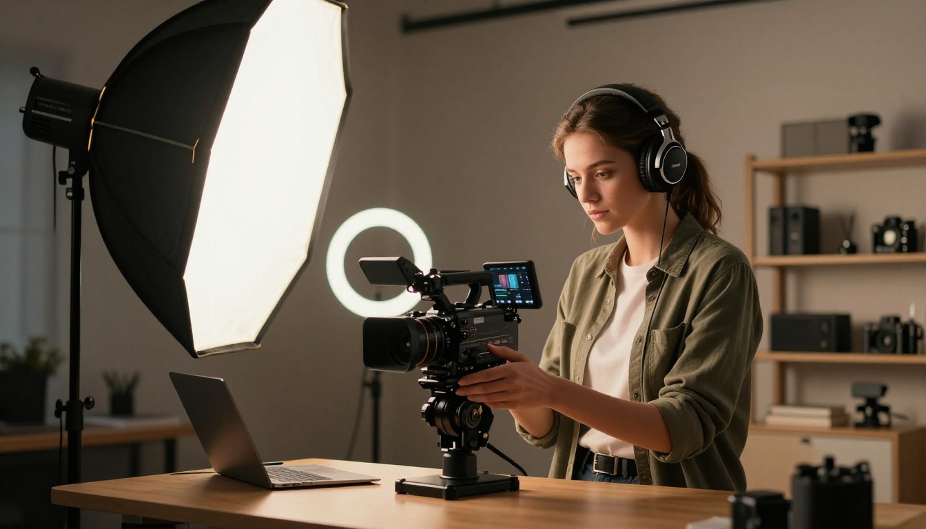 Professional content creator reviewing AI video footage in production studio Professional content creator reviewing AI video footage in production studio