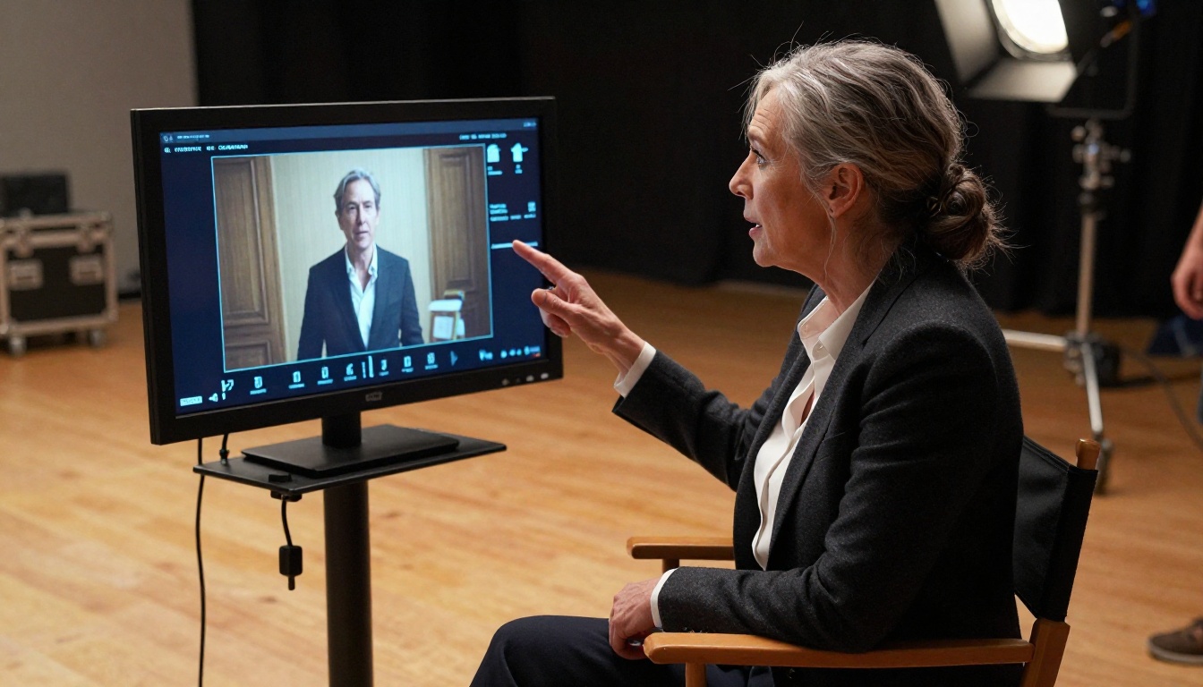 Veteran female film director reviewing footage on professional soundstage