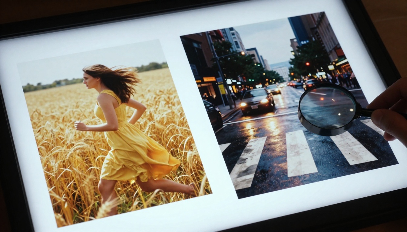 Two cinematic still frames on a light table with loupe magnifier for comparison