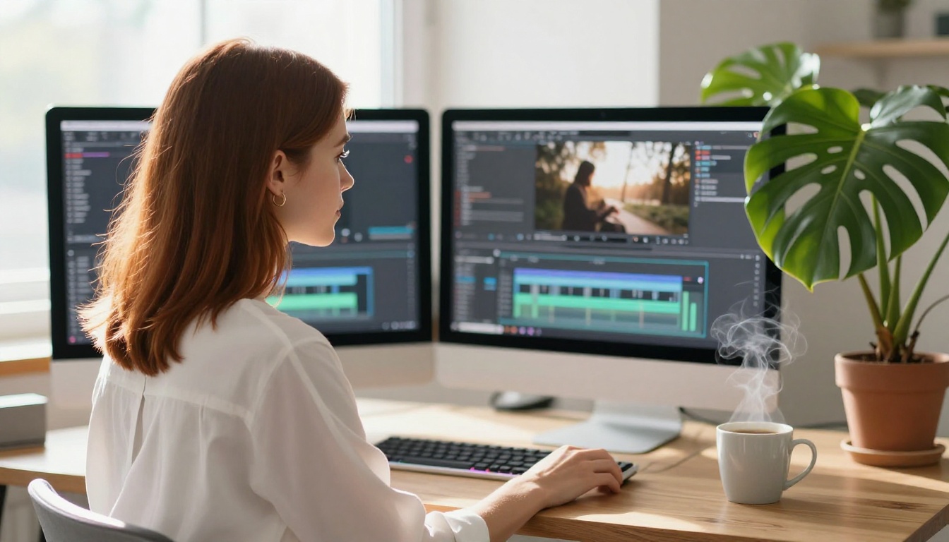 Woman at bright airy workspace using video editing timeline on large monitor