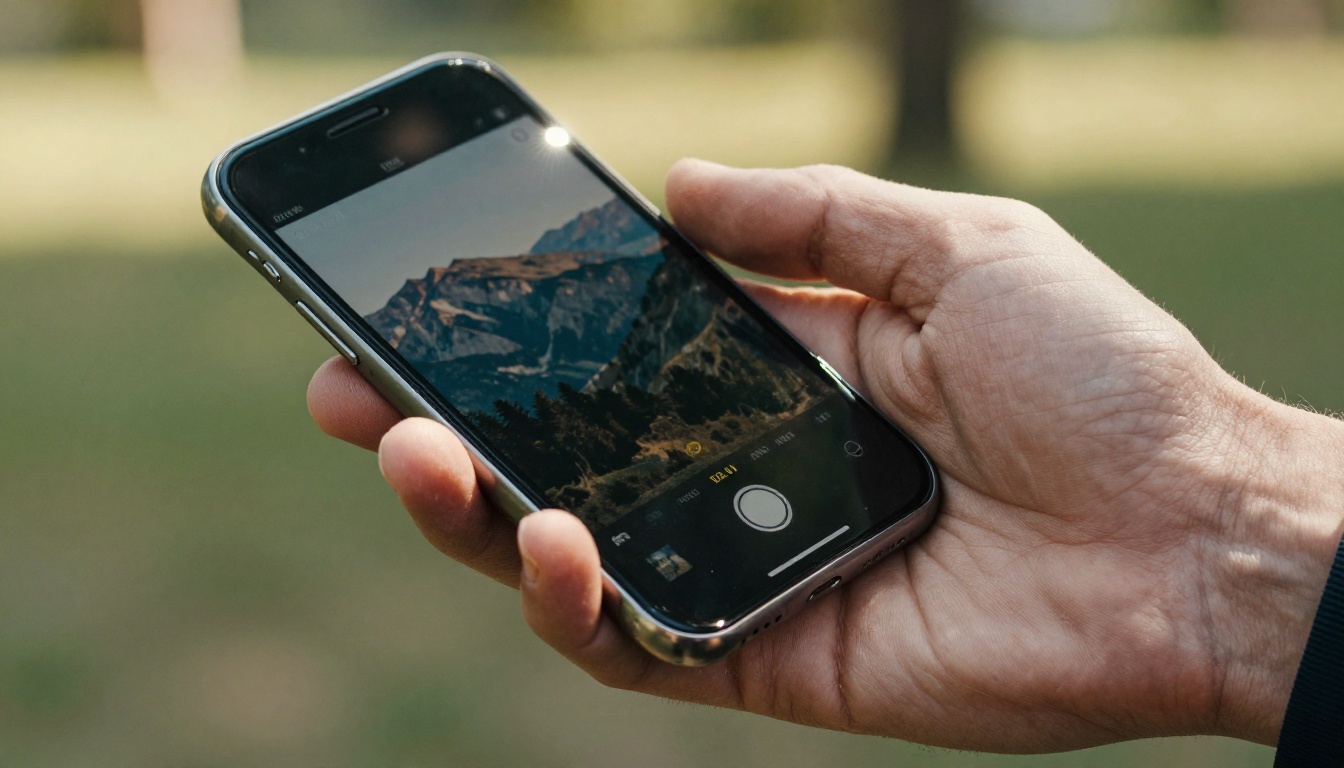 Close-up of smartphone in weathered hand displaying AI-generated mountain video