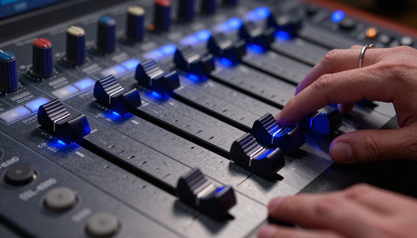 Close-up of SSL mixing console faders with cobalt blue LED lighting, studio detail Close-up of SSL mixing console faders with cobalt blue LED lighting, studio detail