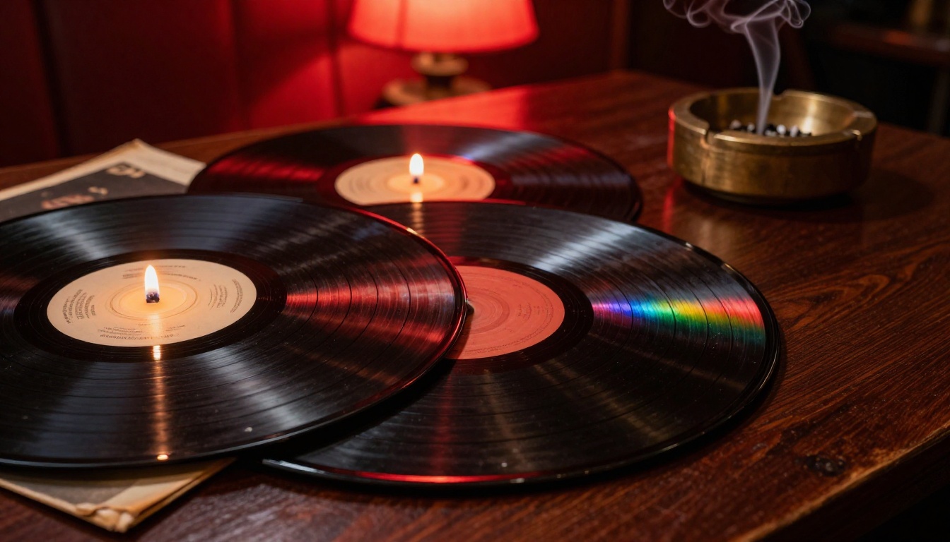 Vintage vinyl records in a dimly lit late-night jazz lounge with rainbow light diffraction Vintage vinyl records in a dimly lit late-night jazz lounge with rainbow light diffraction