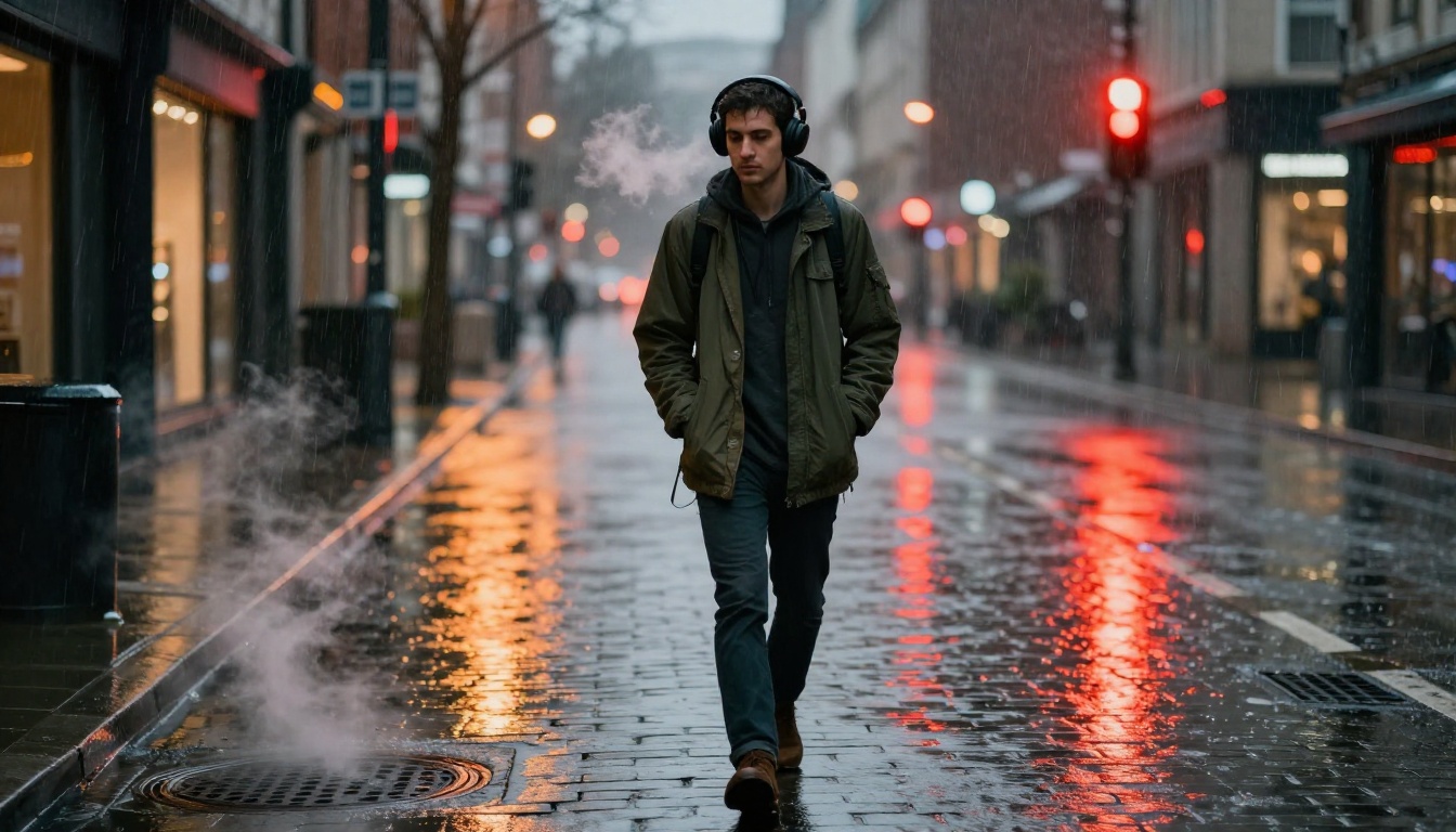 Young man with headphones walking alone through rain-soaked city street at 3am, contemplative atmosphere Young man with headphones walking alone through rain-soaked city street at 3am, contemplative atmosphere