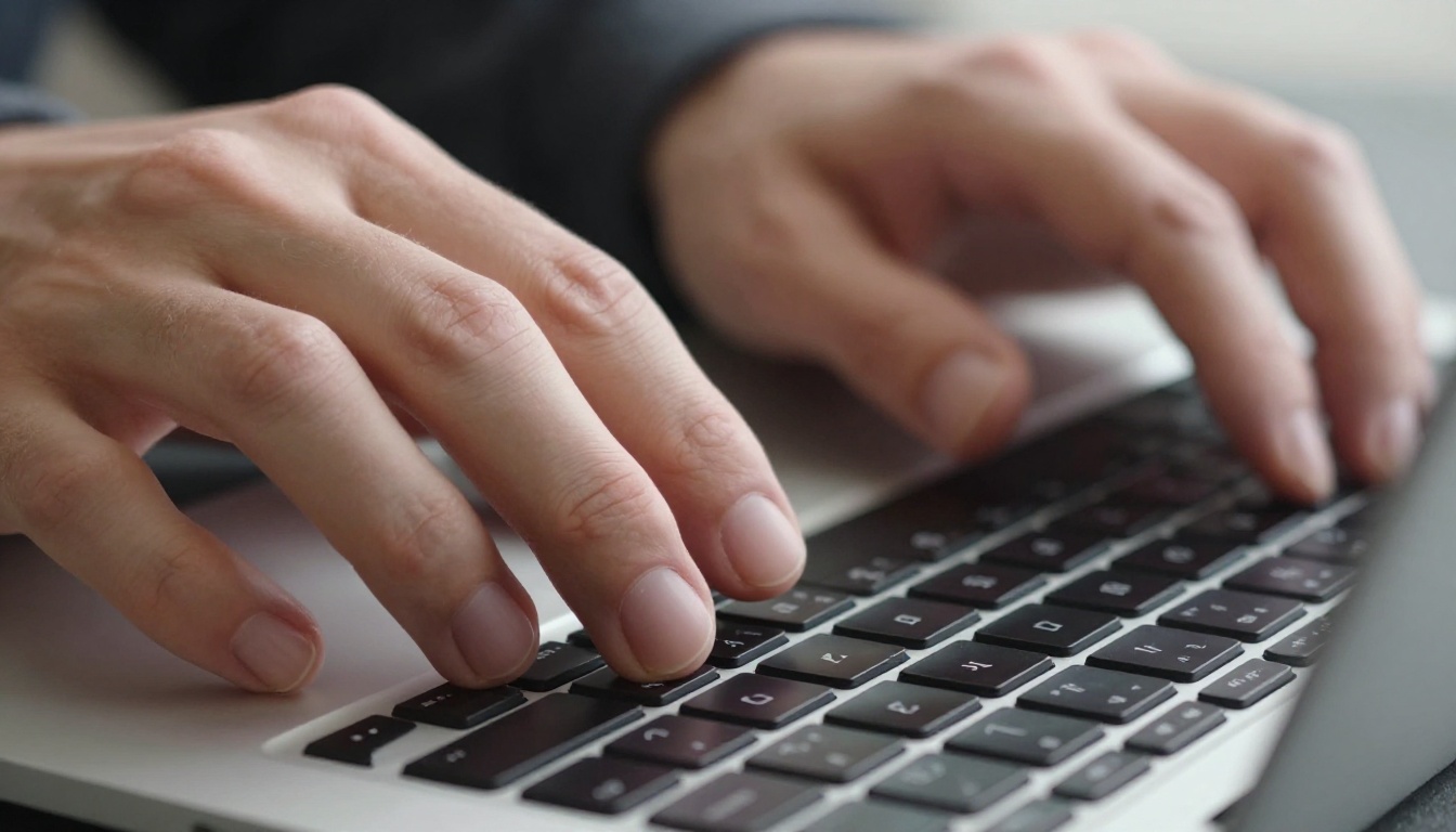 Close-up of hands on a laptop trackpad editing an AI video project with timeline visible