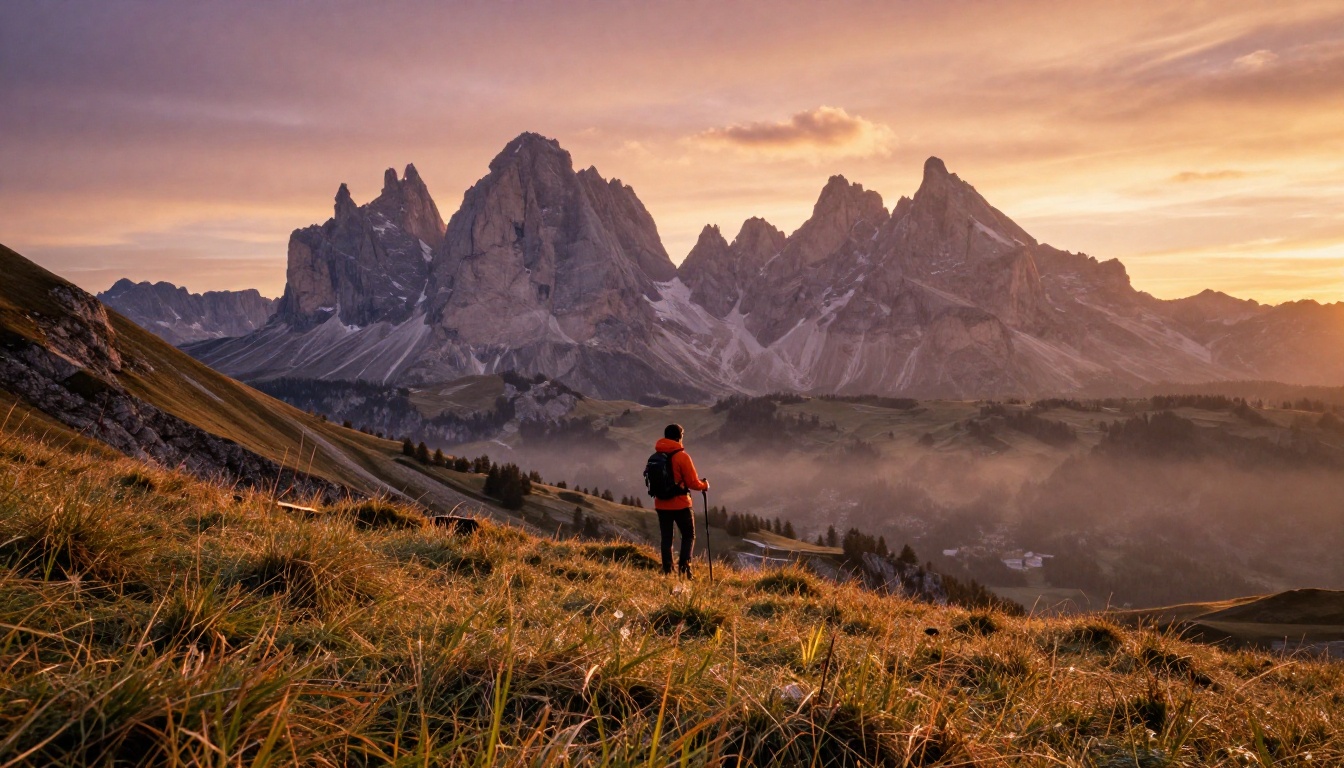 A cinematic wide landscape of Dolomite mountains at golden hour with a lone hiker at the ridge
