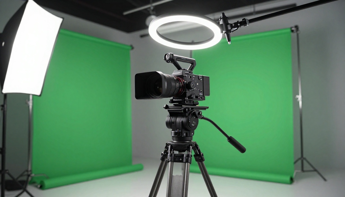 A broadcast camera on a heavy tripod with cinema lens and LED halo light in a professional studio from a low angle