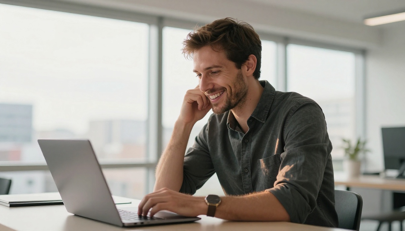 A man in his 30s smiling at AI video results on a laptop in a bright modern office with city views behind him