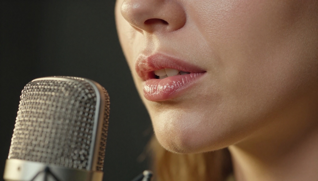 Close-up of lips near condenser microphone with warm golden studio lighting