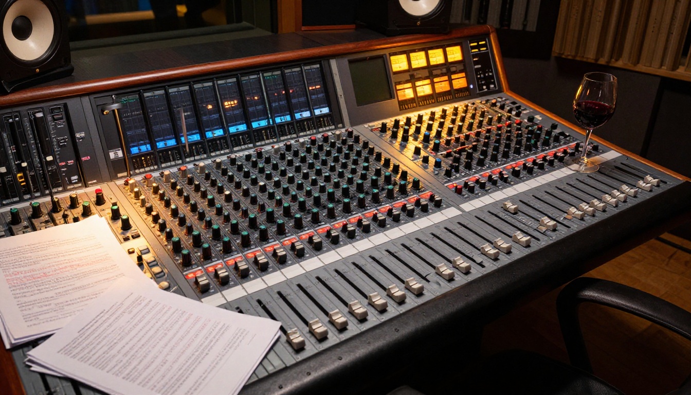 Mixing console with handwritten script and wine glass