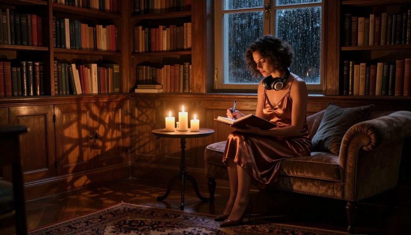 Woman writing in journal with headphones around neck, candlelit study
