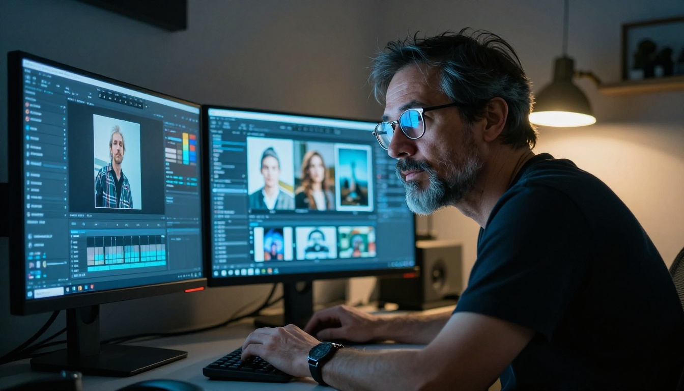 Male photographer with reading glasses reviewing AI-generated images on a dual-monitor studio setup Male photographer with reading glasses reviewing AI-generated images on a dual-monitor studio setup