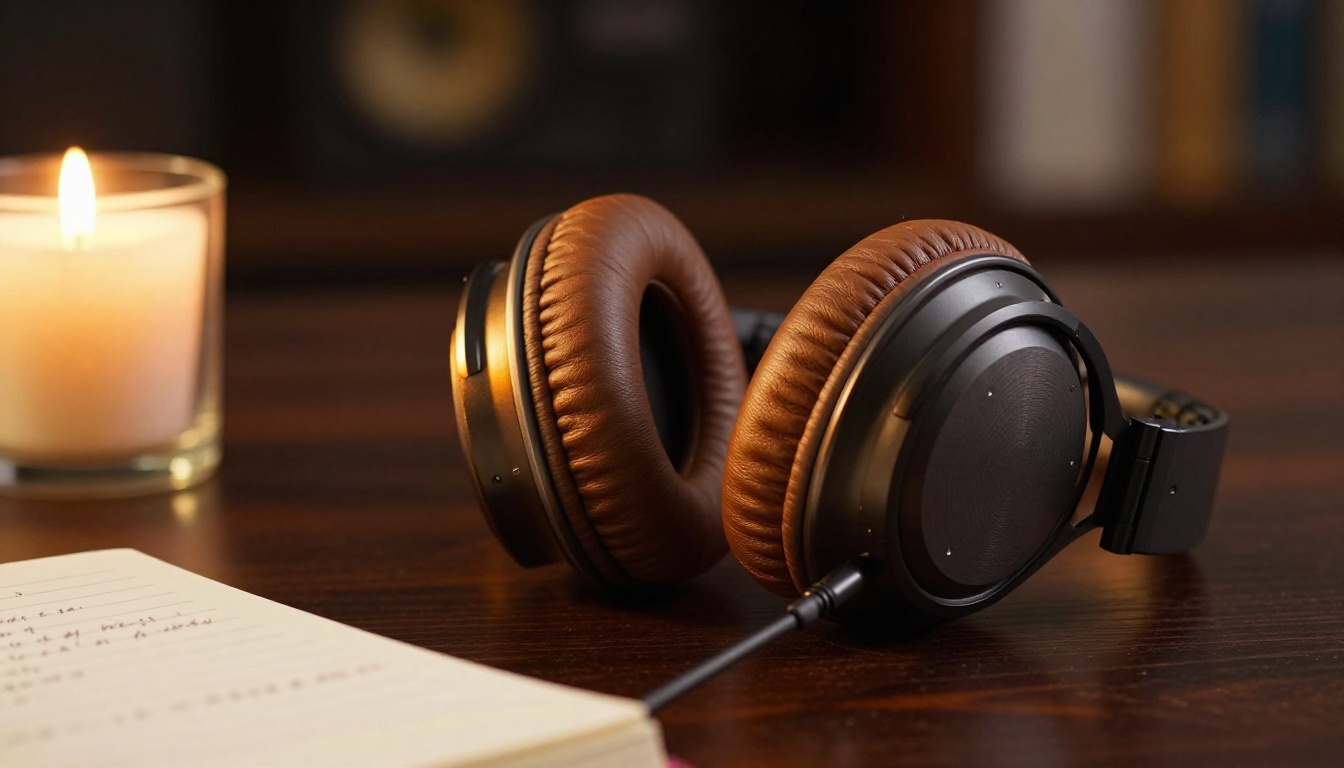 Studio headphones on dark wooden surface beside candle and handwritten notebook