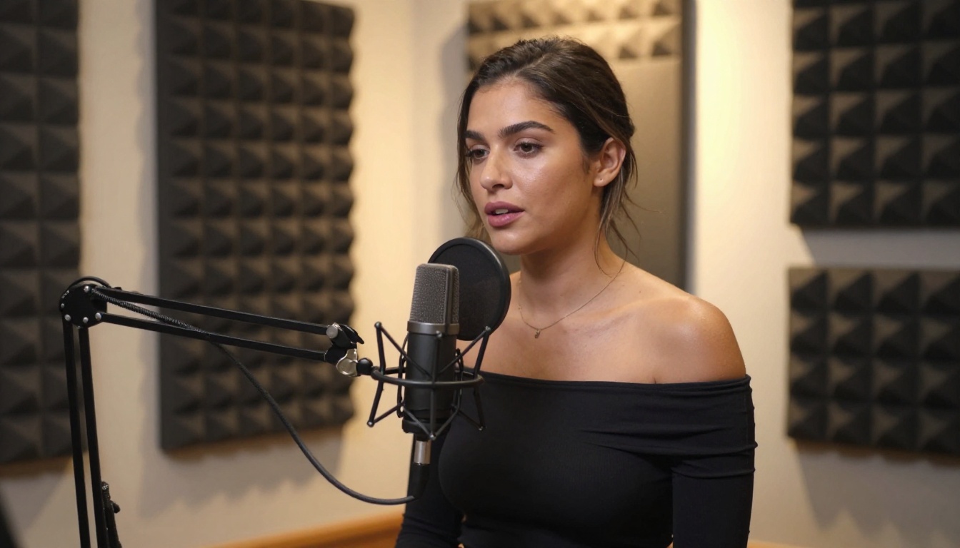 Confident woman in recording booth speaking into broadcast microphone