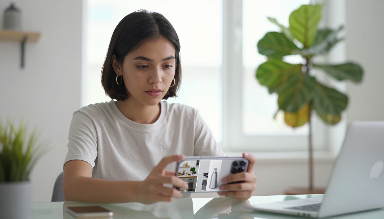 Female content creator holding a smartphone showing a before-and-after product photo with background removed Female content creator holding a smartphone showing a before-and-after product photo with background removed