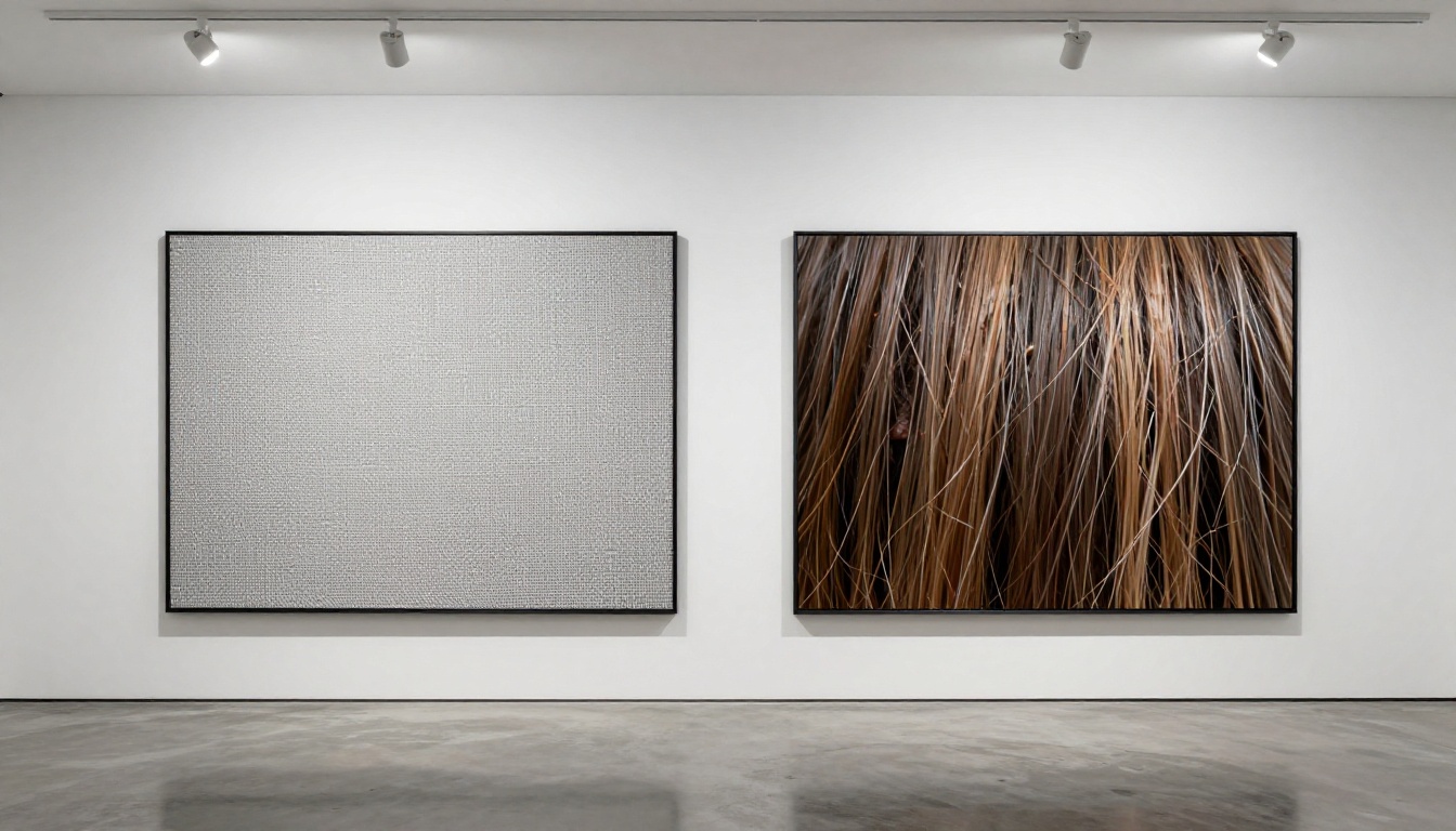 Before and after AI upscaling comparison showing two large format prints mounted in a modern gallery space Before and after AI upscaling comparison showing two large format prints mounted in a modern gallery space