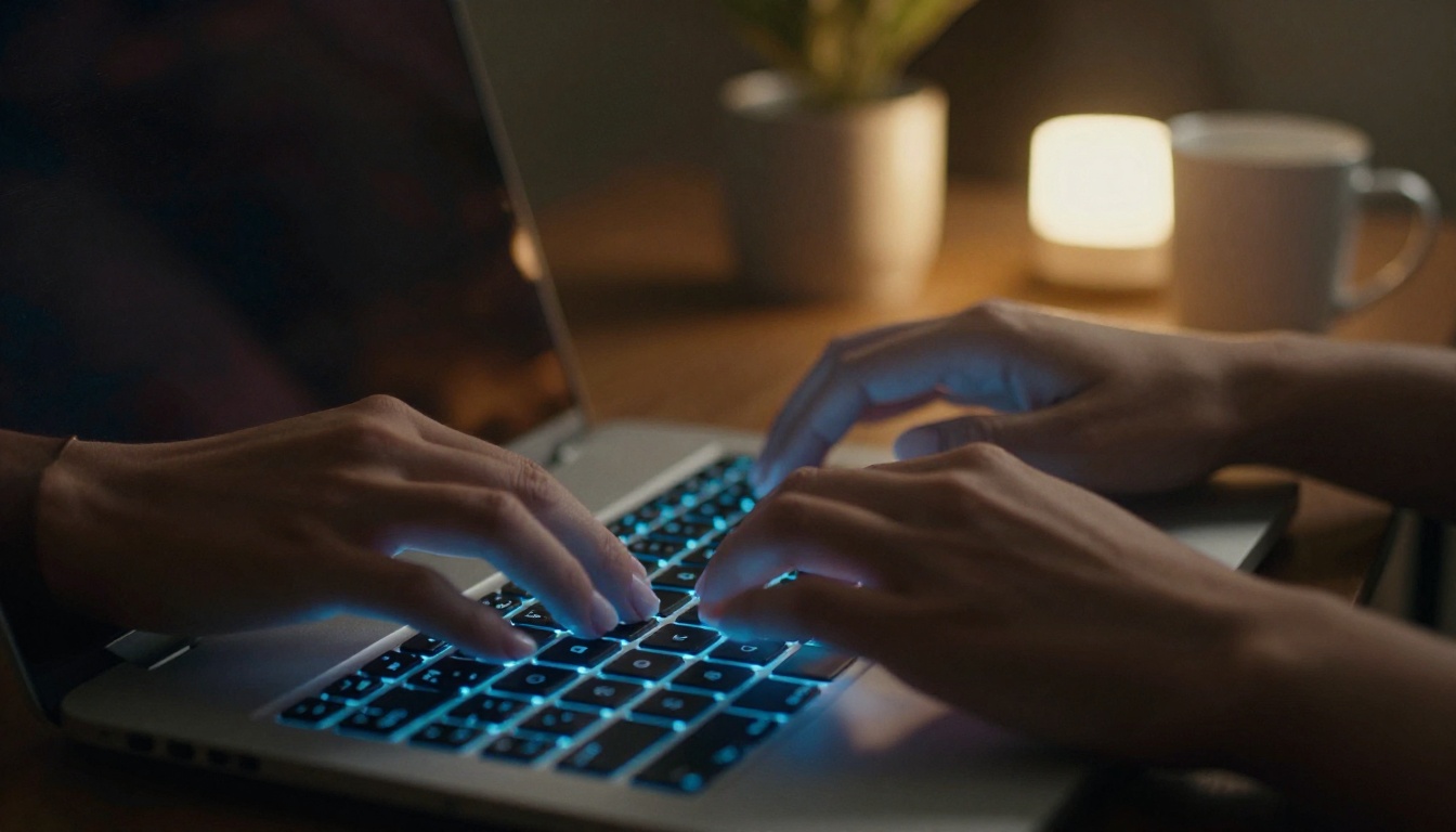 Low-angle view of hands typing on laptop, cool screen glow and warm desk lamp