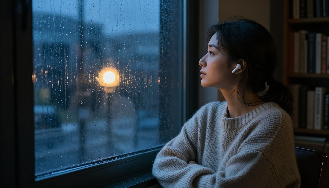 Woman at rain-streaked window at night with earbuds, warm lamp glow behind her