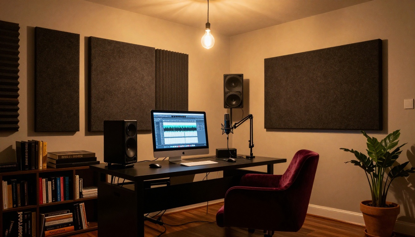 Luxury home recording corner with professional microphone, iMac, and velvet chair