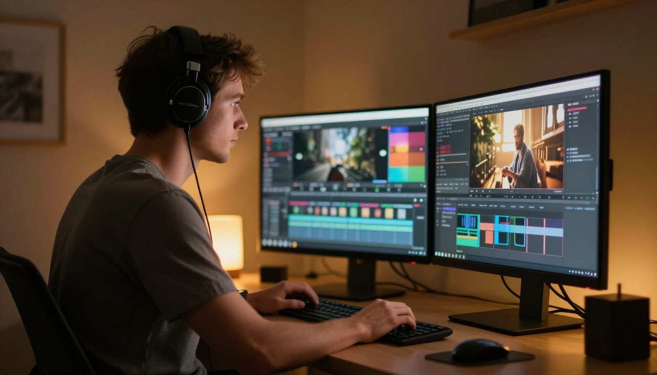 Male video editor with headphones working at triple-monitor setup in dimly lit editing suite Male video editor with headphones working at triple-monitor setup in dimly lit editing suite