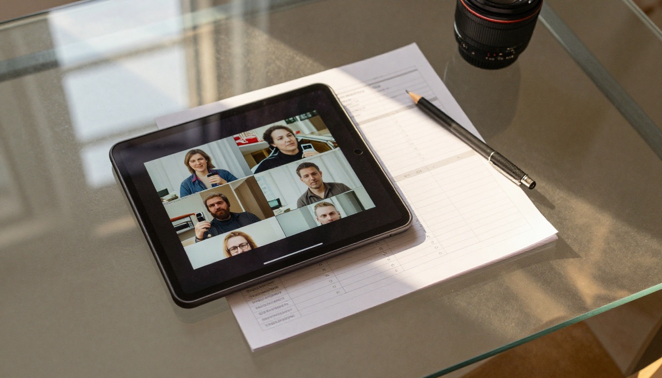 Overhead desk view with tablet showing video comparison data and printed spec sheets Overhead desk view with tablet showing video comparison data and printed spec sheets