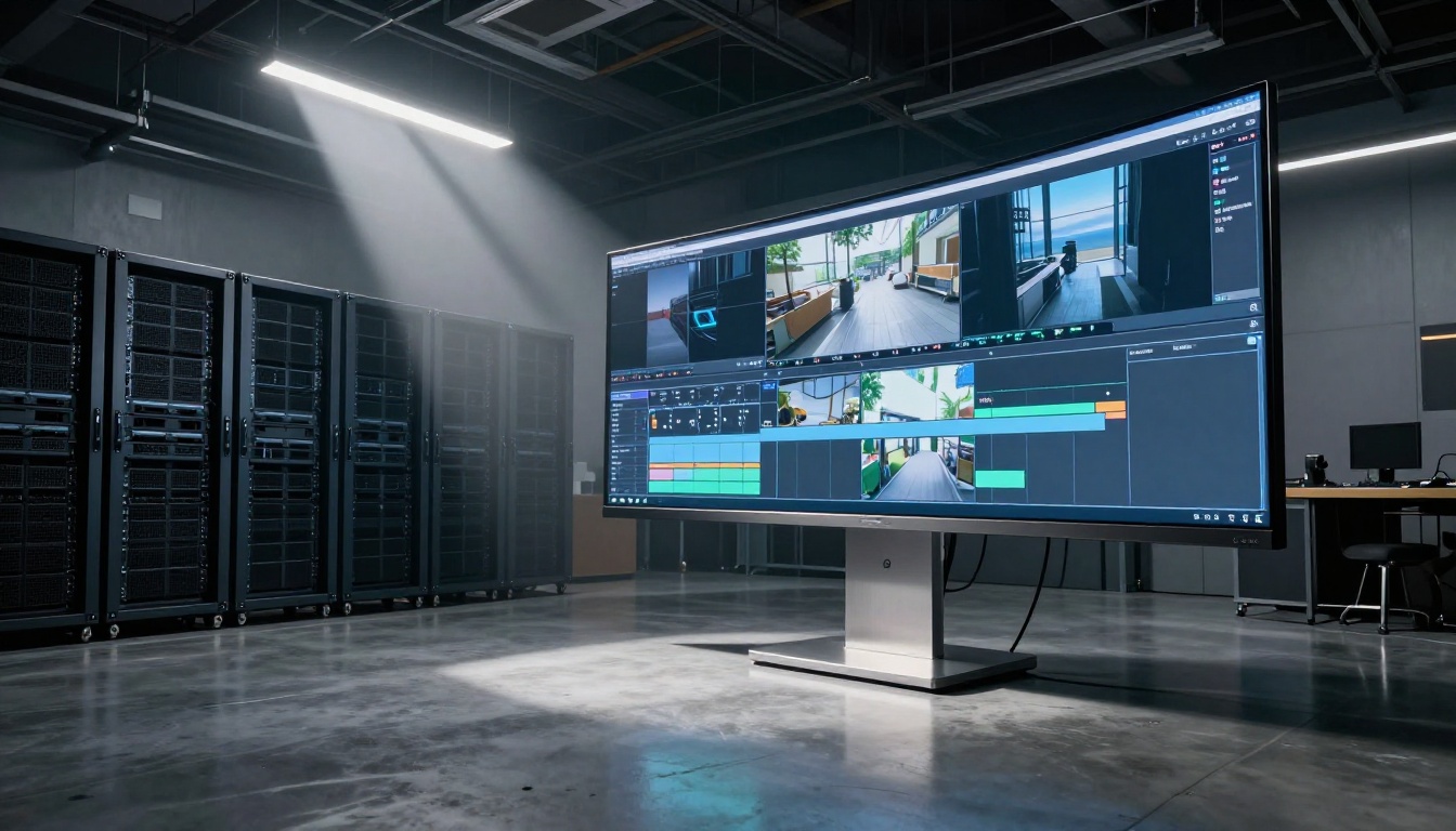 Modern production studio interior with server racks and large curved monitor showing render timeline Modern production studio interior with server racks and large curved monitor showing render timeline